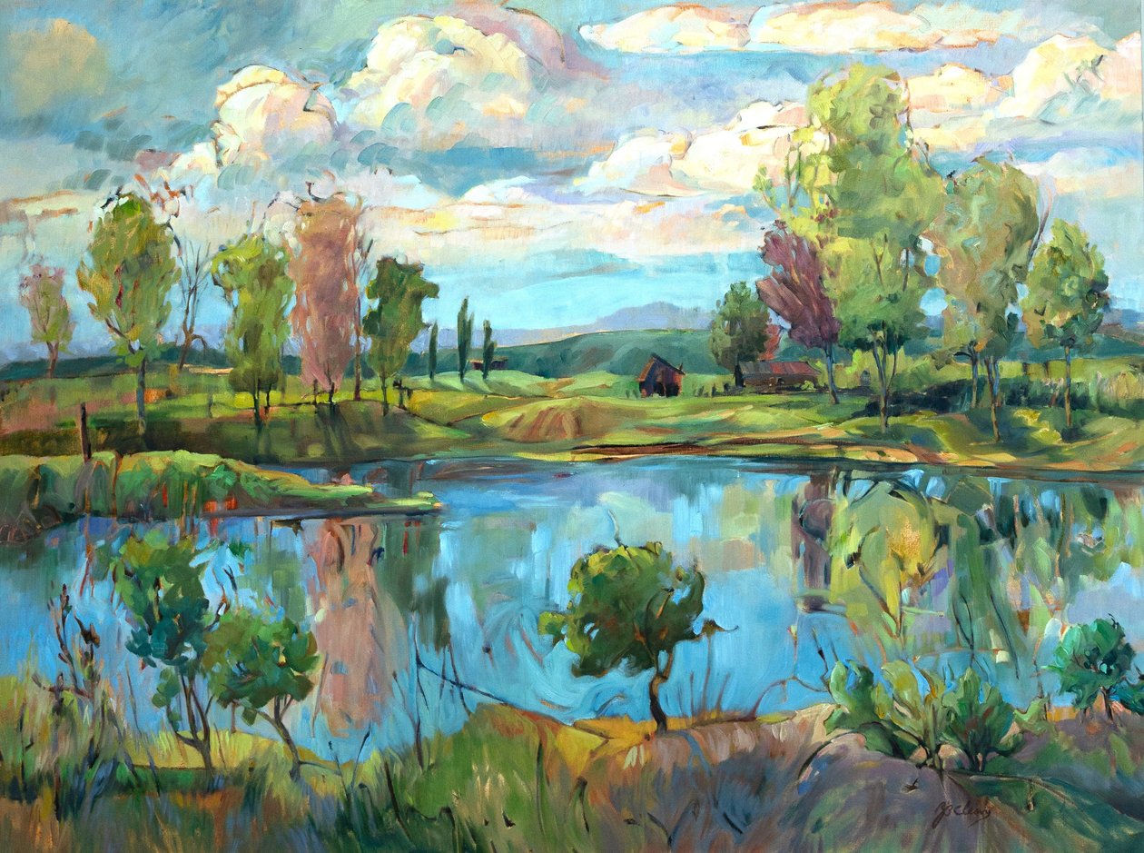 Het zwembad, ca.1990-2005 (olieverf op doek) door Barbara Cleary