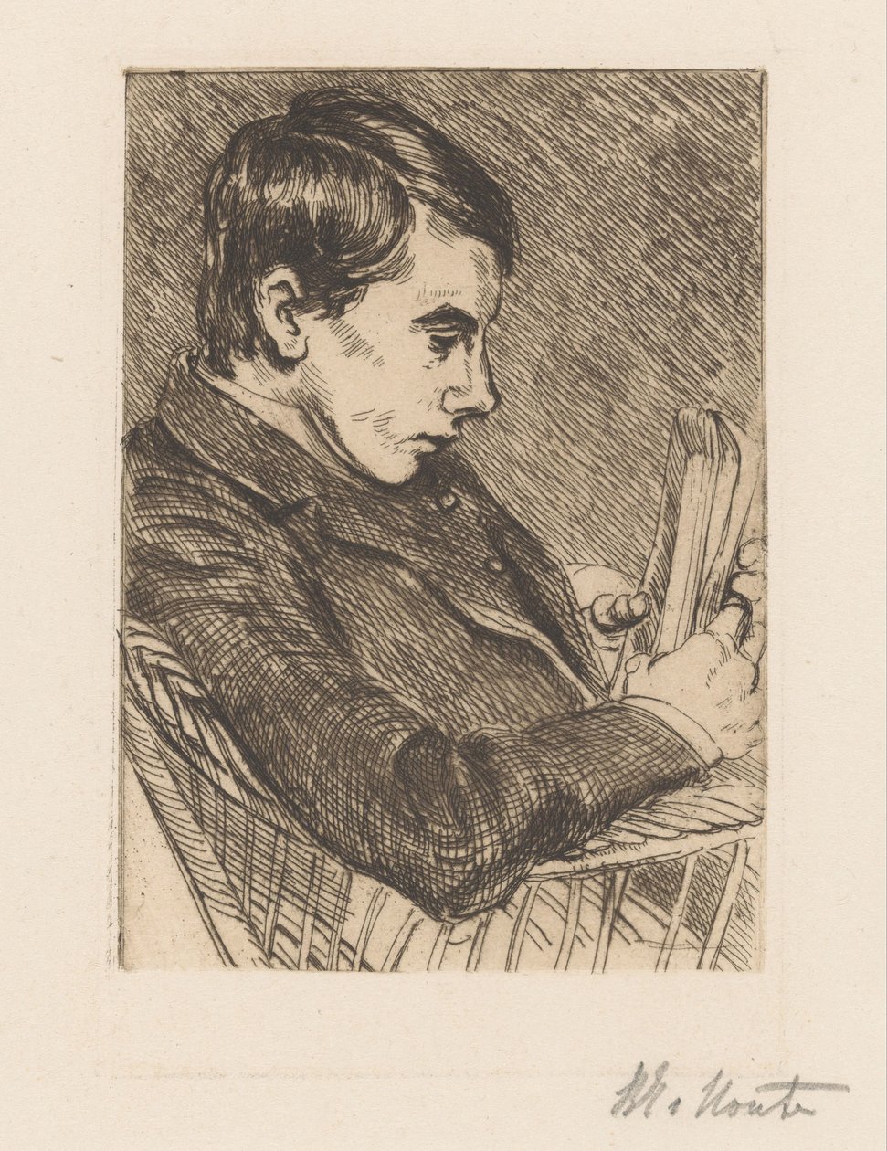 Portret van H.W. Mouton met boek door Barbara Elisabeth van Houten (signed by artist)