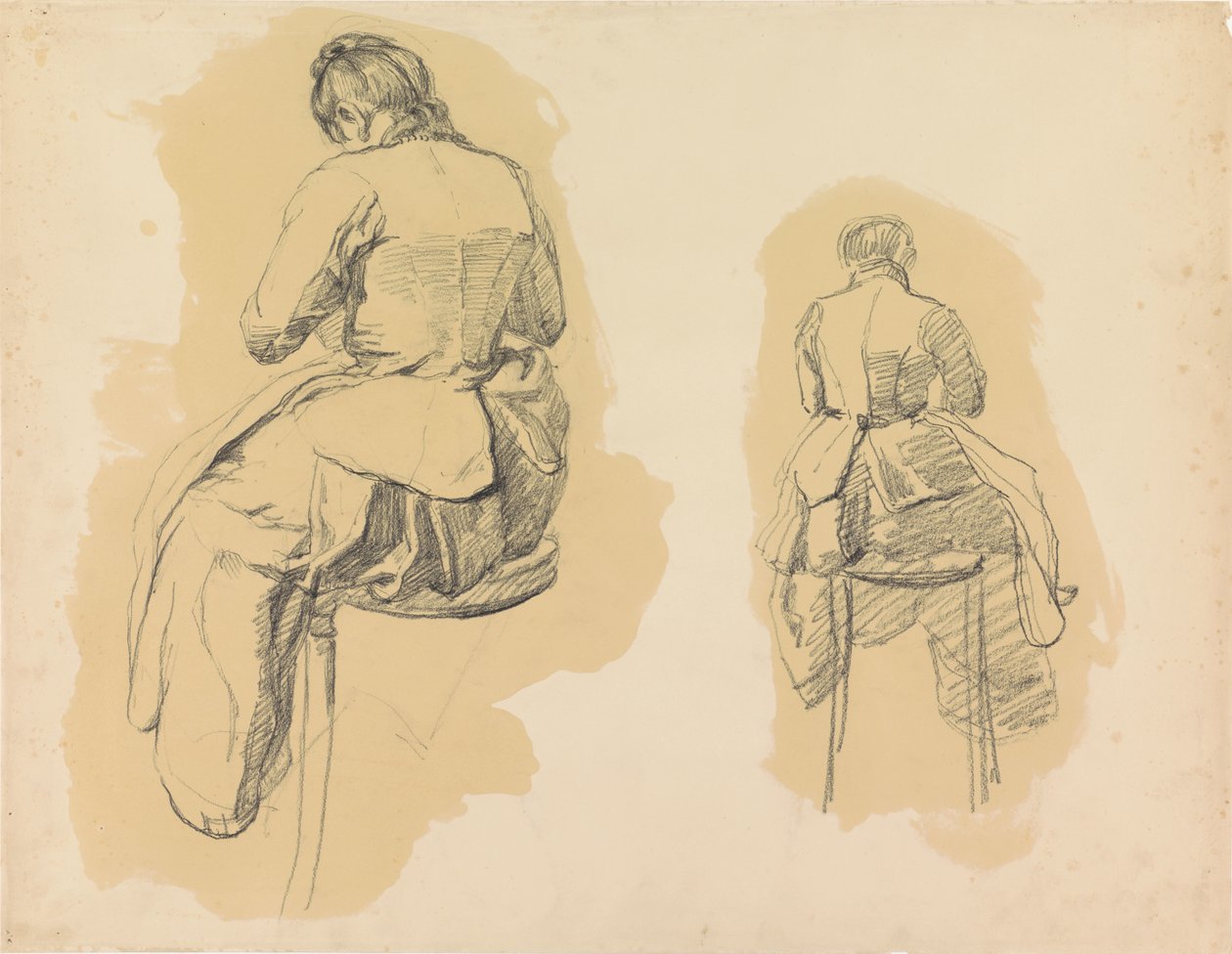 Twee studies van een vrouw, zittend op een kruk, op de rug gezien door Barbara Elisabeth van Houten