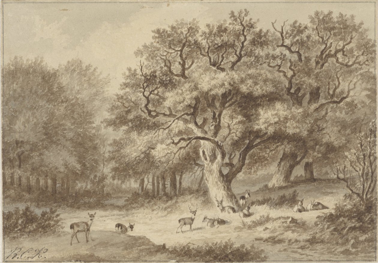 Boslandschap met herten door Barend Cornelis Koekkoek