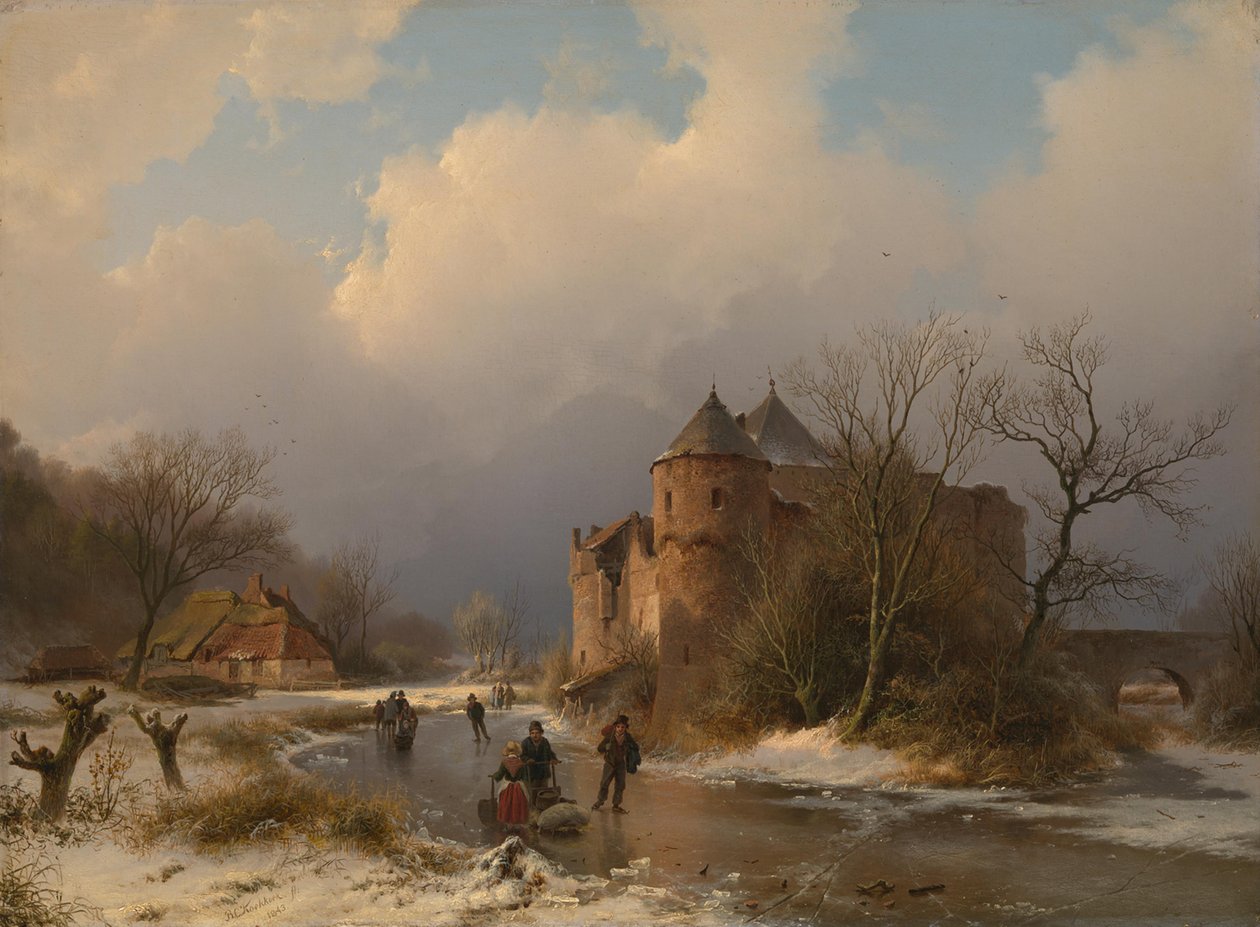 Een kasteel in een winterlandschap door Barend Cornelis Koekkoek