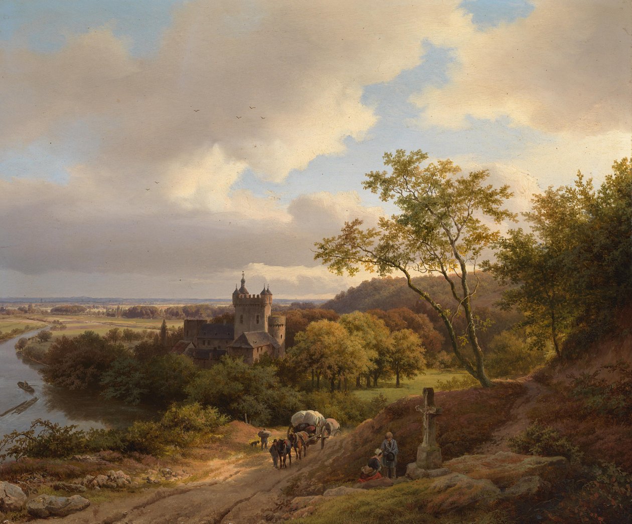 Een kasteel tussen bomen aan een rivier door Barend Cornelis Koekkoek