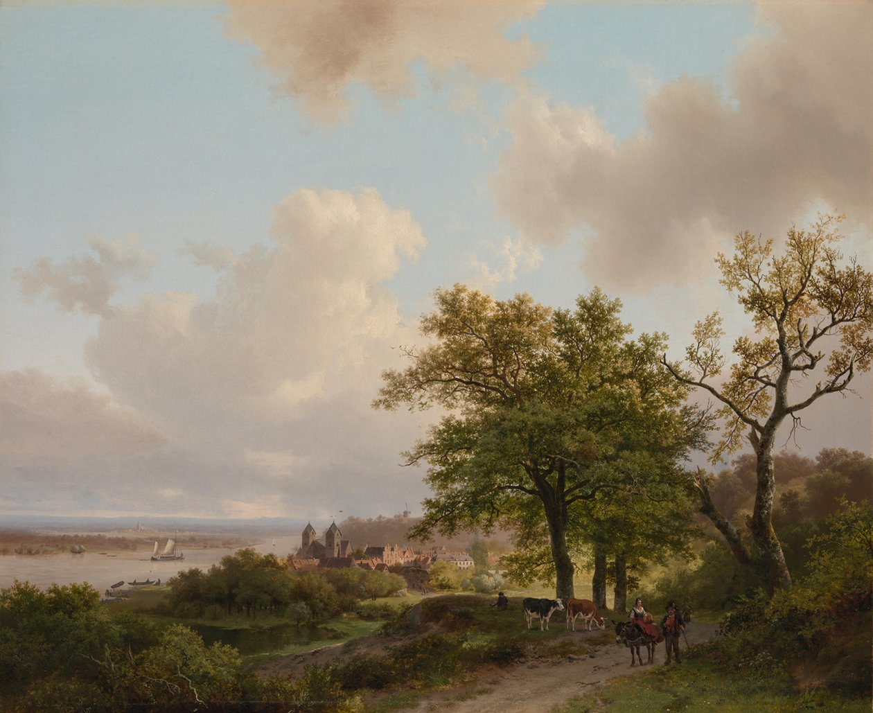 Een stad aan een rivier gezien vanaf een hoogte door Barend Cornelis Koekkoek