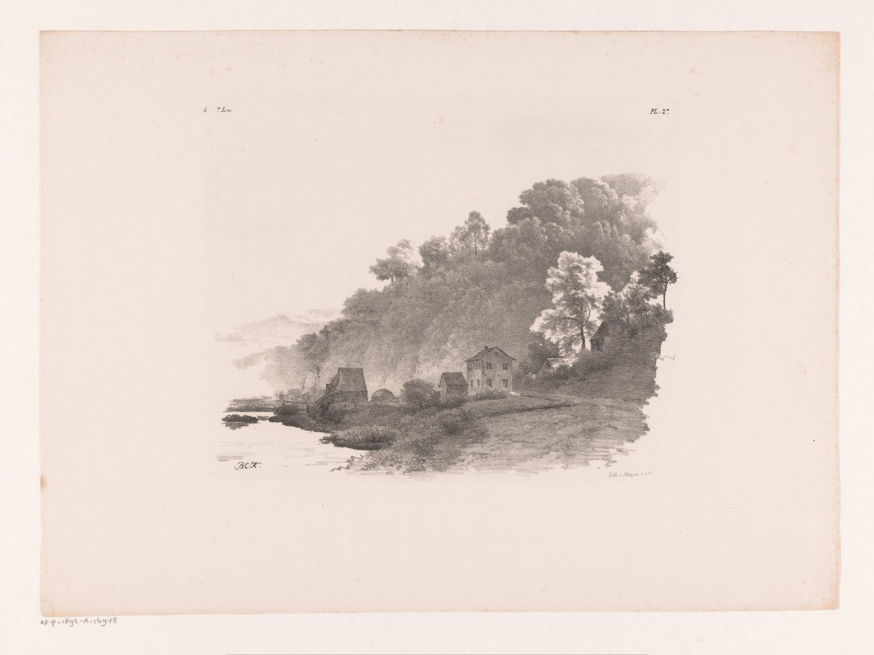 Heuvellandschap met rivier, landweg en huizen door Barend Cornelis Koekkoek