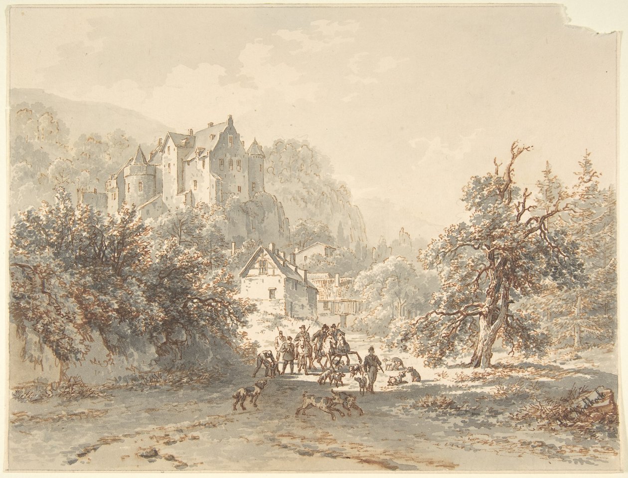 Landschap met een jachtgezelschap door Barend Cornelis Koekkoek