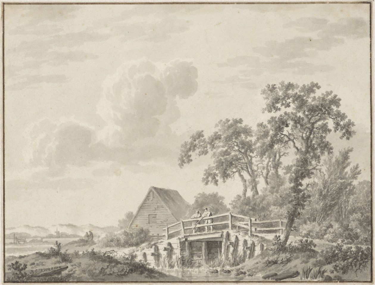 Landschap aan een duinrand met een visser door Barend Cornelis Koekkoek
