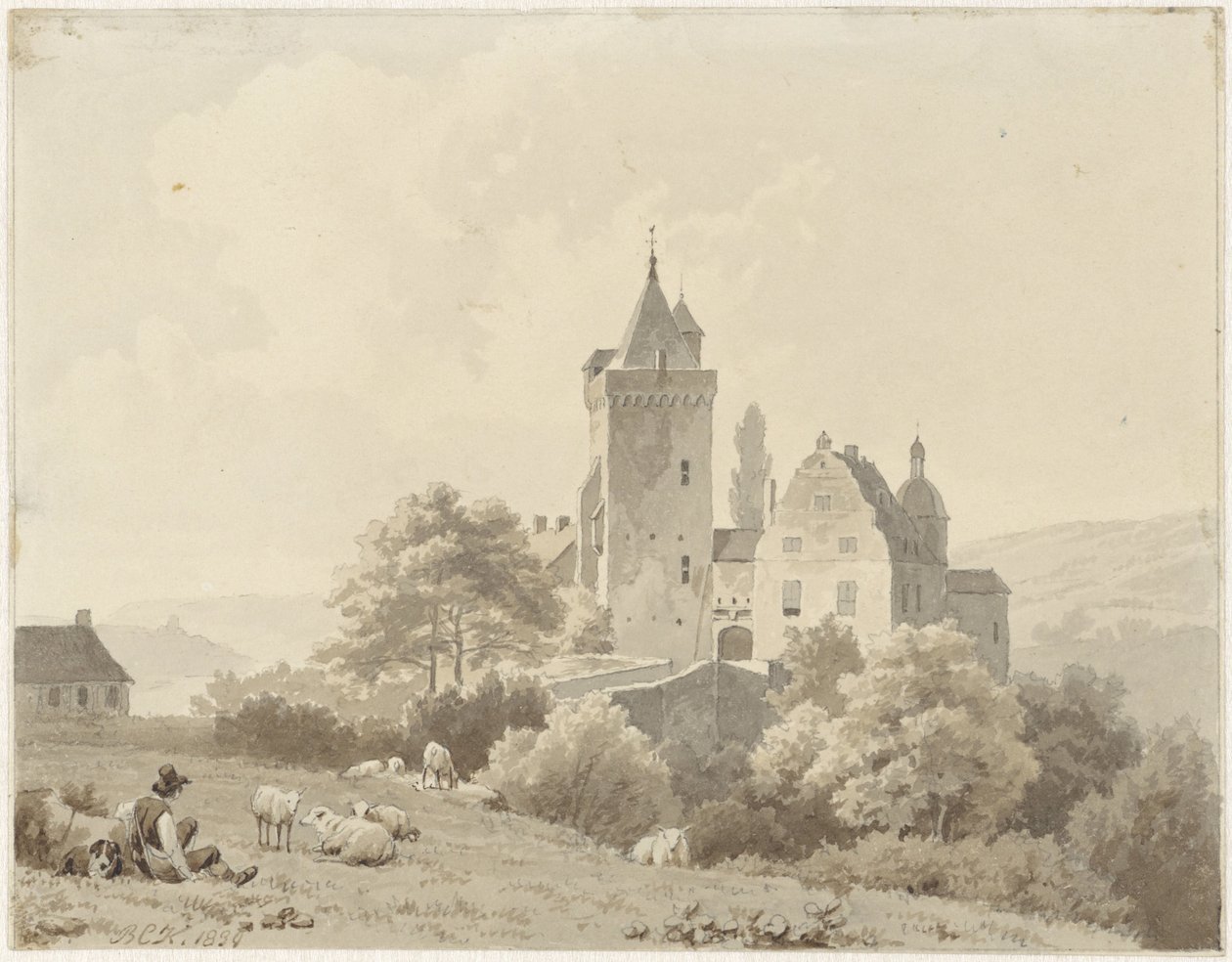 Rustende herder bij Schloss Lansberg door Barend Cornelis Koekkoek