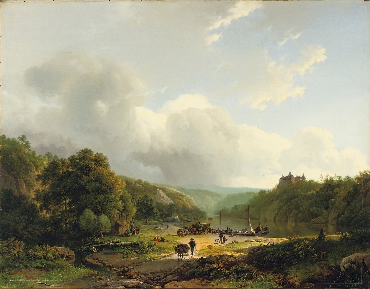 Lossen van de schuit in een golvend landschap, 1831 door Barend Cornelis Koekkoek