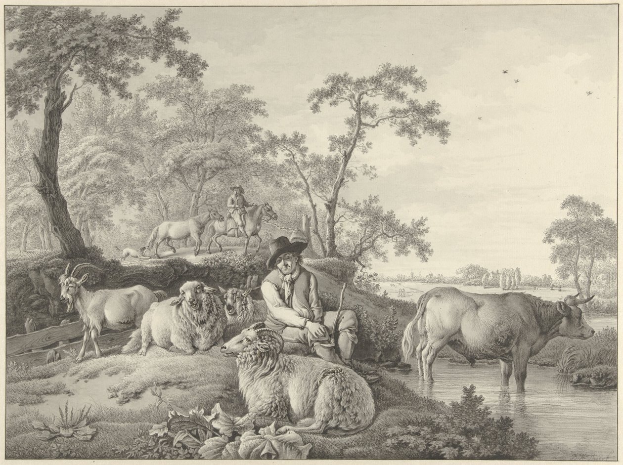 Schaapherder met schapen, een geit en een jonge stier in een landschap door Barend Hendrik Thier
