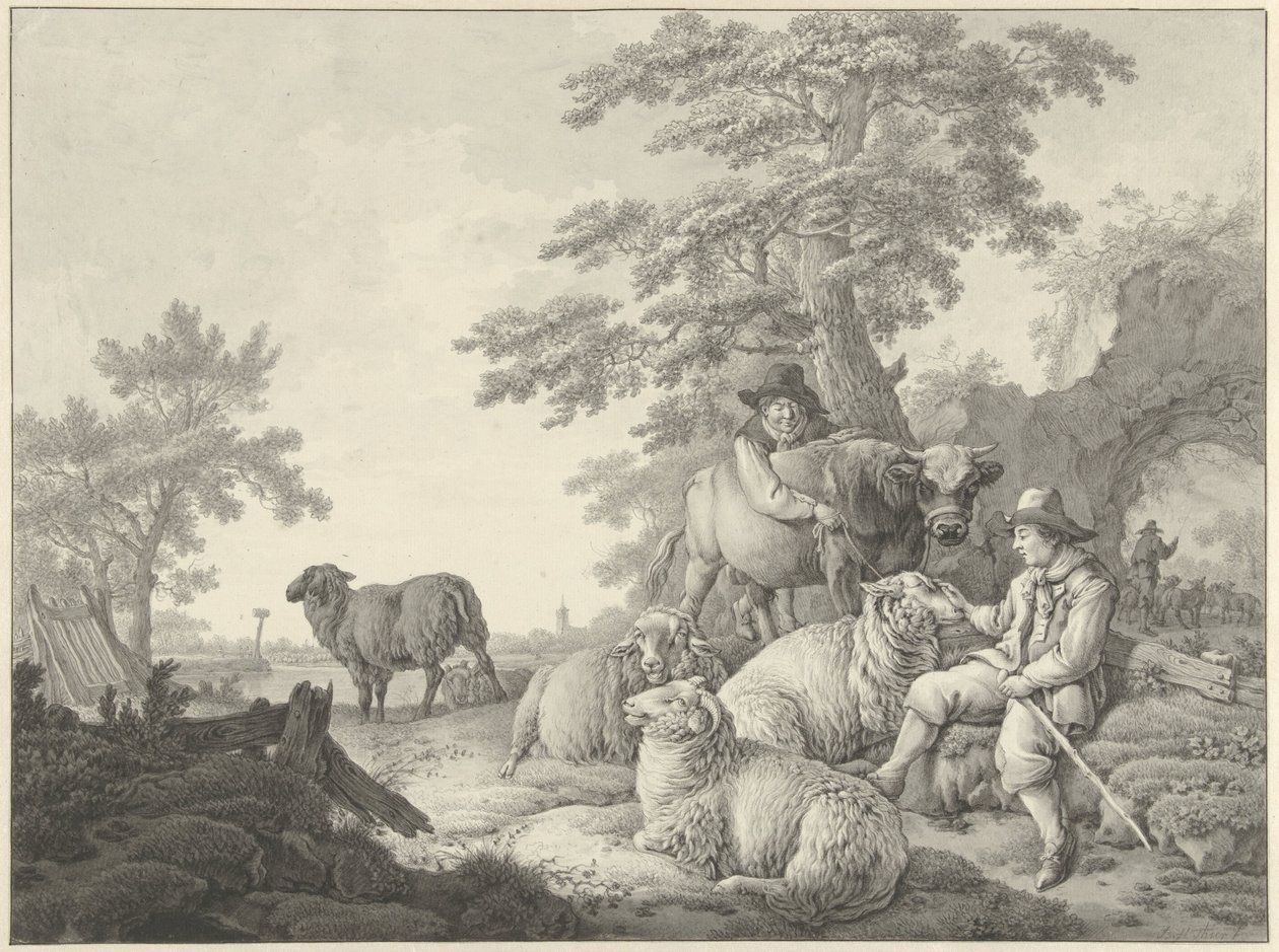 Schaapherder met schapen en een jongen met een jonge stier in een landschap door Barend Hendrik Thier