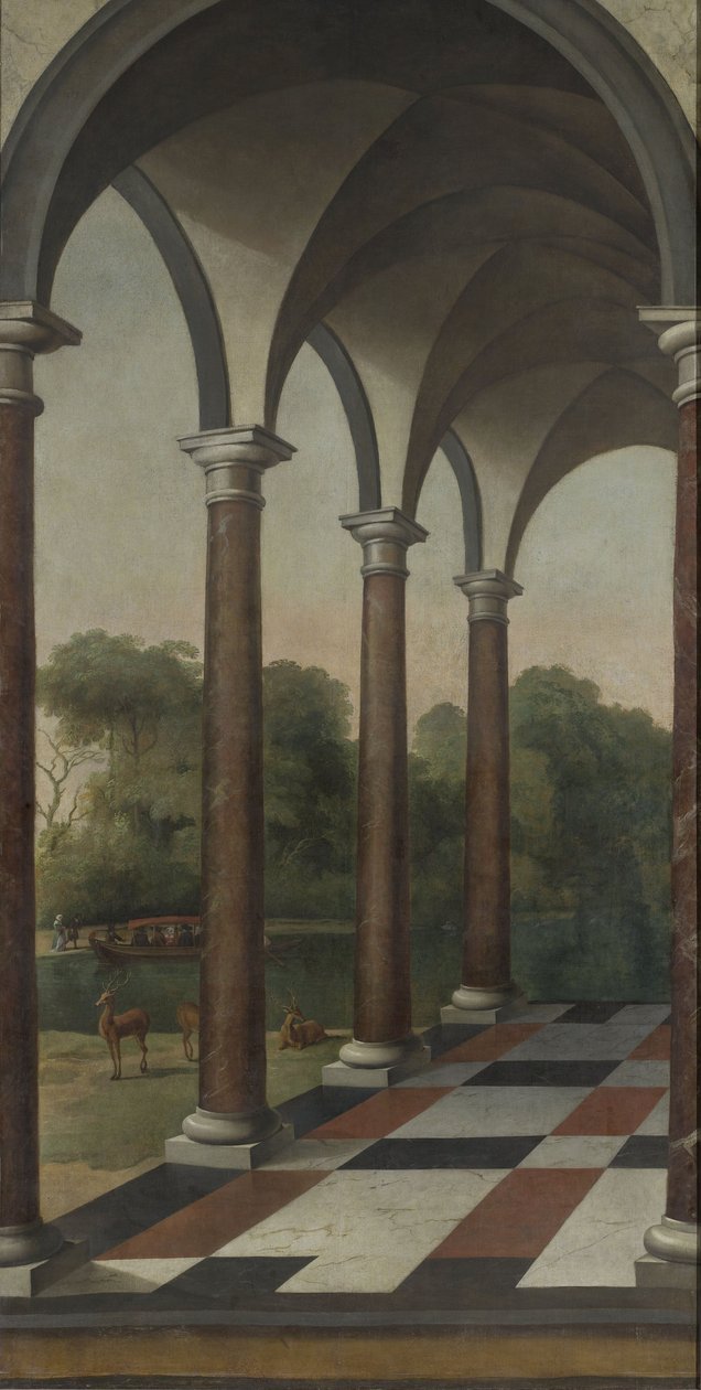 Zuilenrij die uitgeeft op een park door Barent Fabritius
