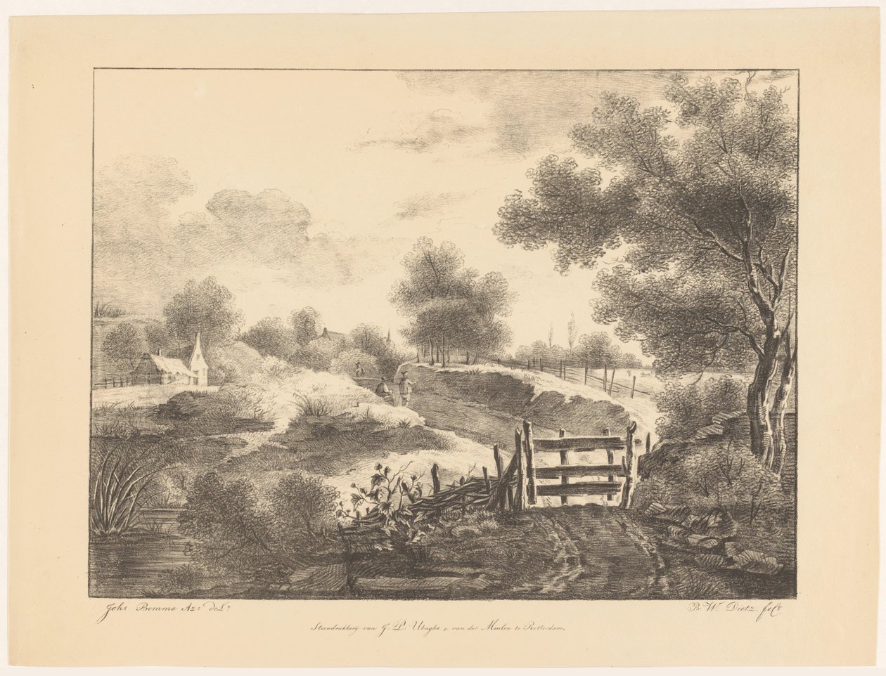 Landschap met huizen, beek en pad door Barentie Willem Dietz