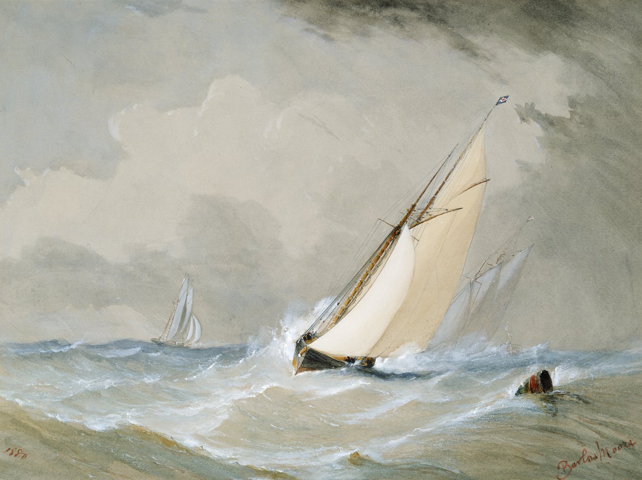 Miranda werkt in vanaf het Weilingen-lichtschip in een zware wind - Oostende 1880 door Barlow Moore