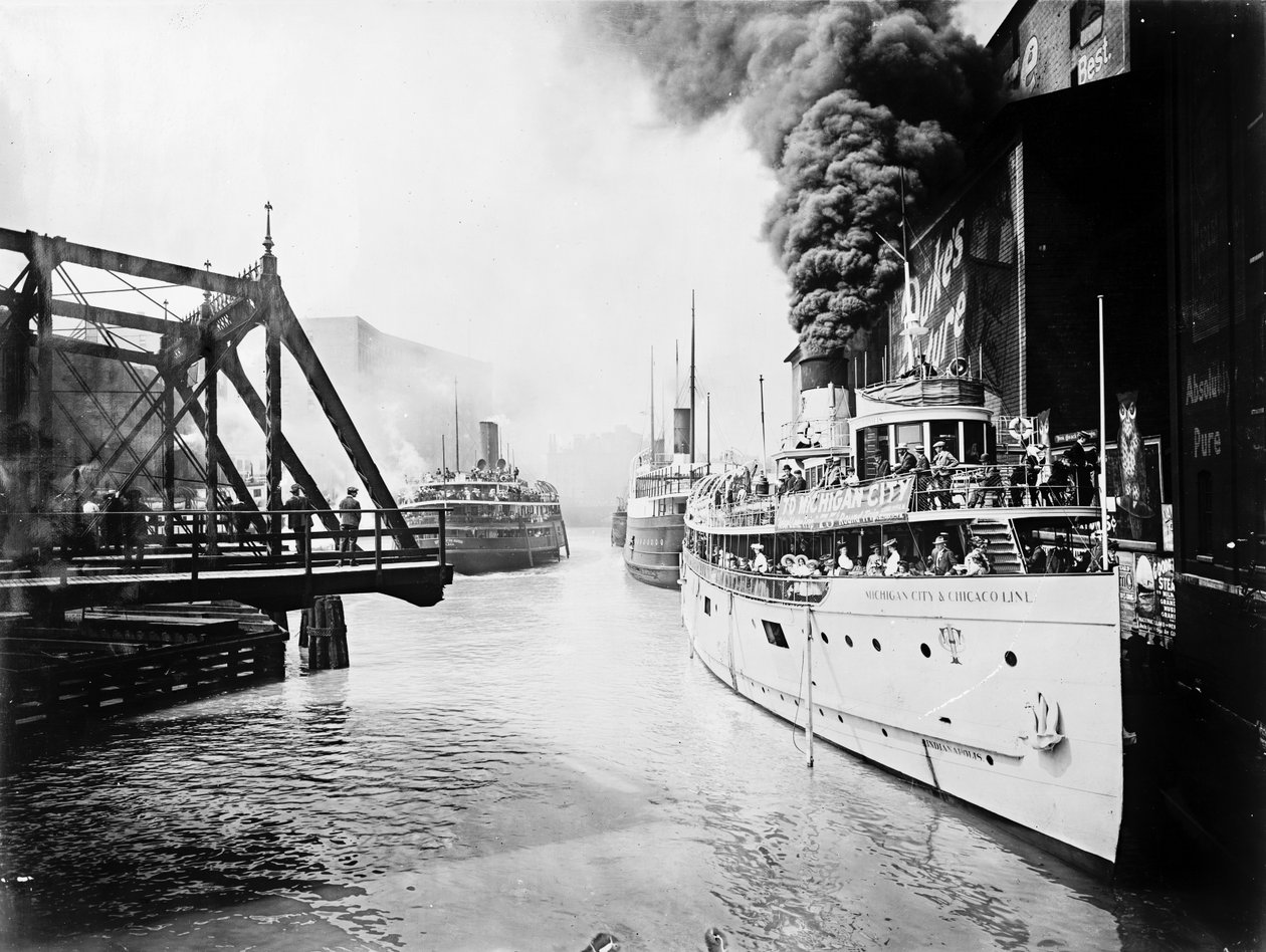Passagiersboten in de Chicago River, Chicago, Illinois, VS, ca. 1905 door Barnes and Crosby