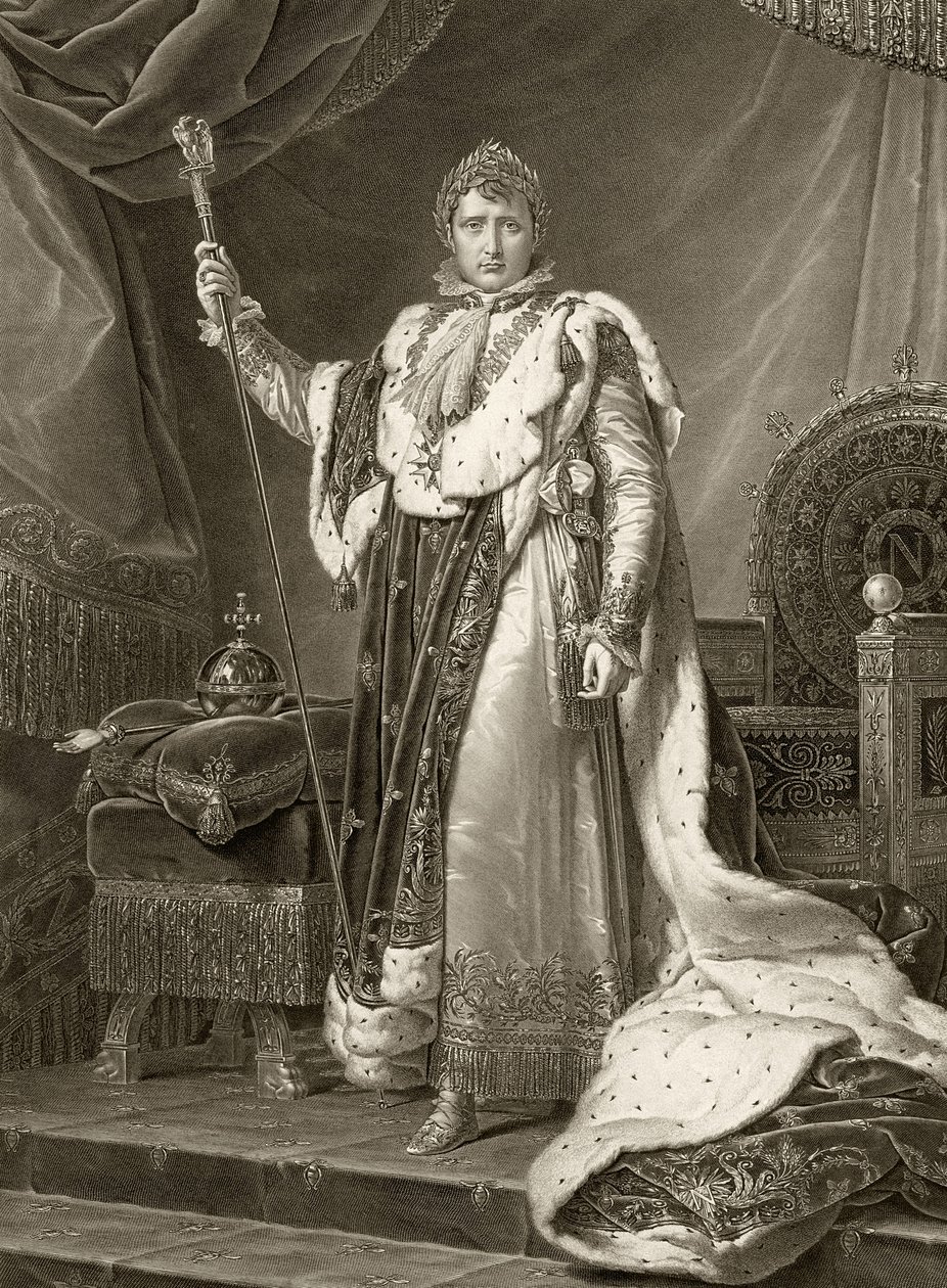 Napoleon I, Keizer van Frankrijk, in zijn kroningsgewaden, gegraveerd door Auguste Desnoyers (1779-1857) door Baron François Pascal Simon Gérard