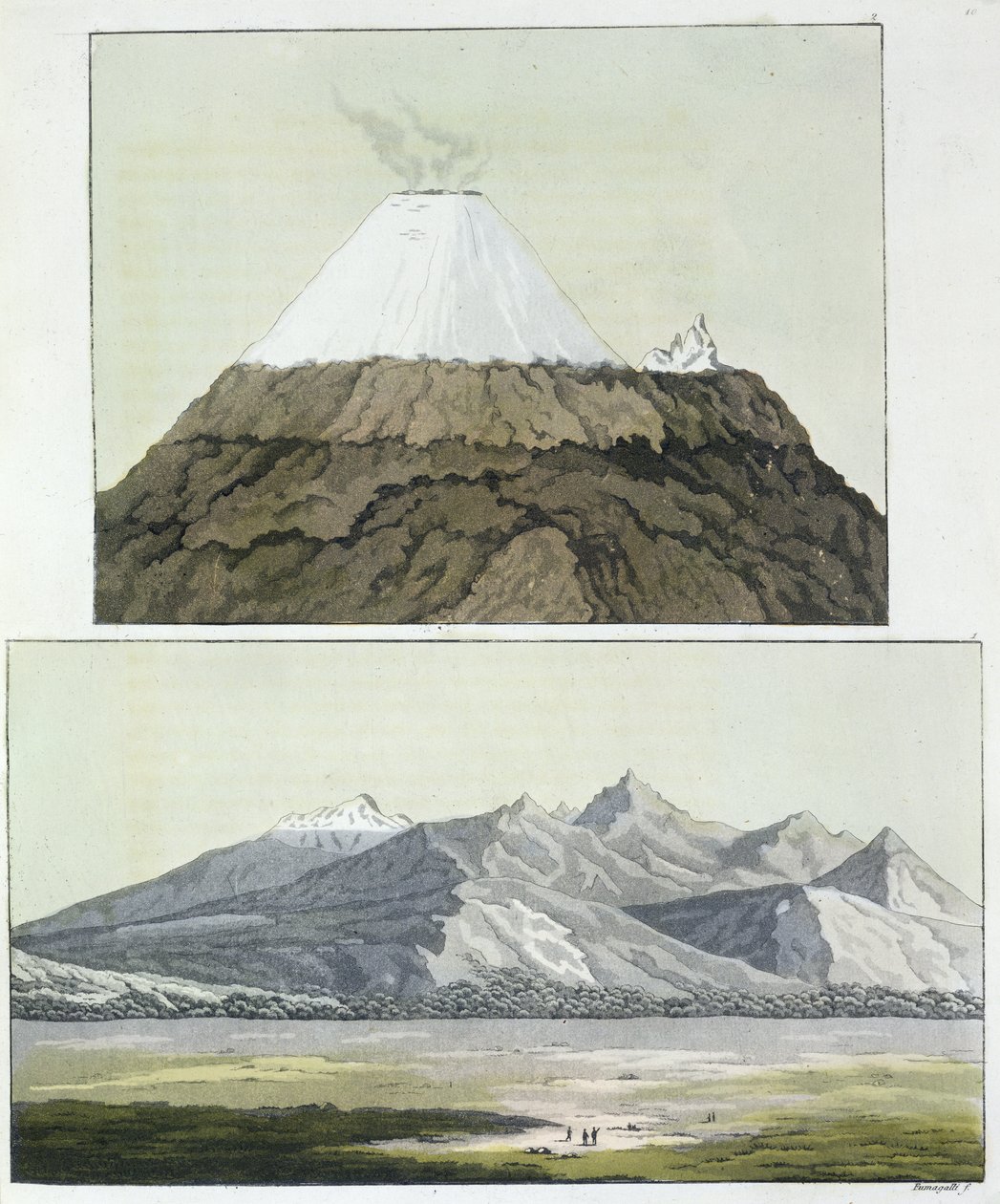 Top van Cotopaxi (boven), en de uitbarsting van Cotopaxi, 1803 (onder), uit 