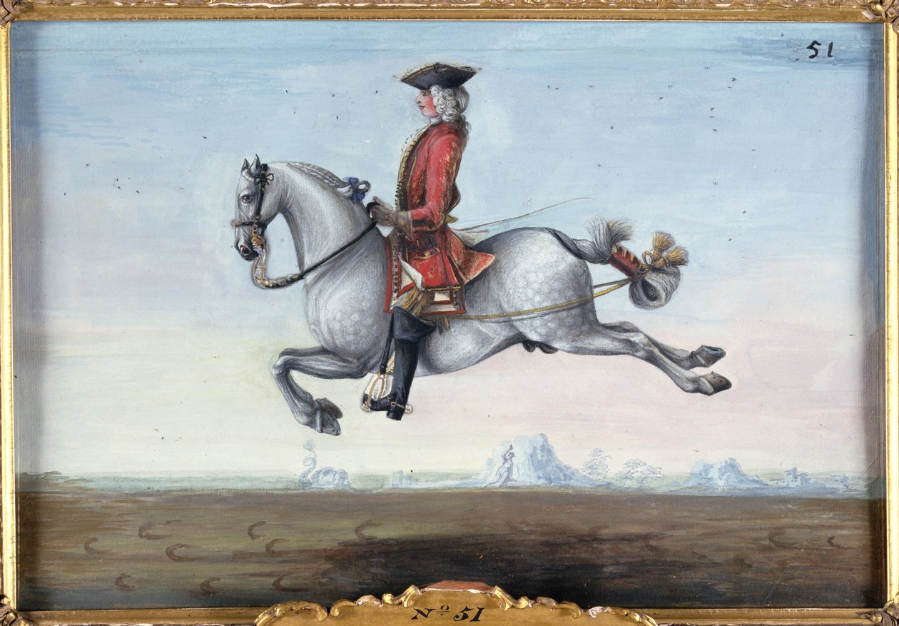 Nr. 51 Een schimmel van de Spaanse Rijschool dat een dressuurbeweging genaamd de Capriole uitvoert door Baron Reis Eisenberg