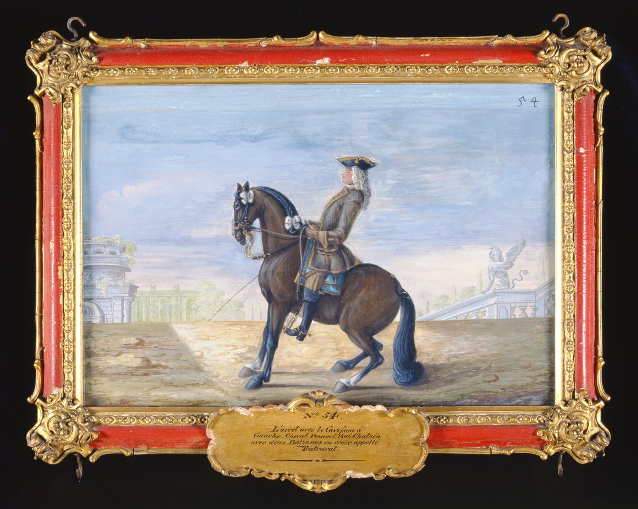 Nr. 54 Een Deense kastanjebruin paard van de Spaanse Rijschool dat een dressuurbeweging uitvoert door Baron Reis Eisenberg