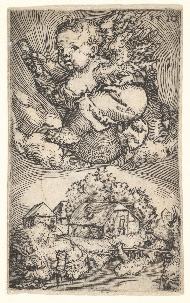 Genius op een globe zwevend in de lucht, midden 17e eeuw door Barthel Beham