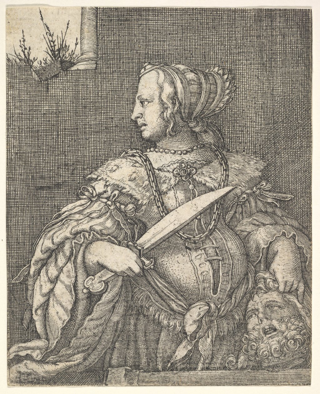Judith, halflang en in profiel naar links, een zwaard in haar rechterhand en het hoofd van Holofernes door Barthel Beham