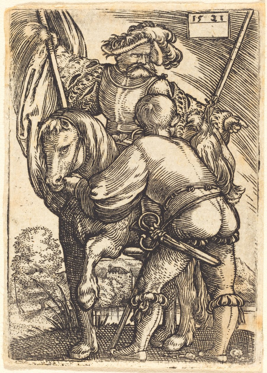 Rijdende vaandeldrager en voetsoldaat door Barthel Beham