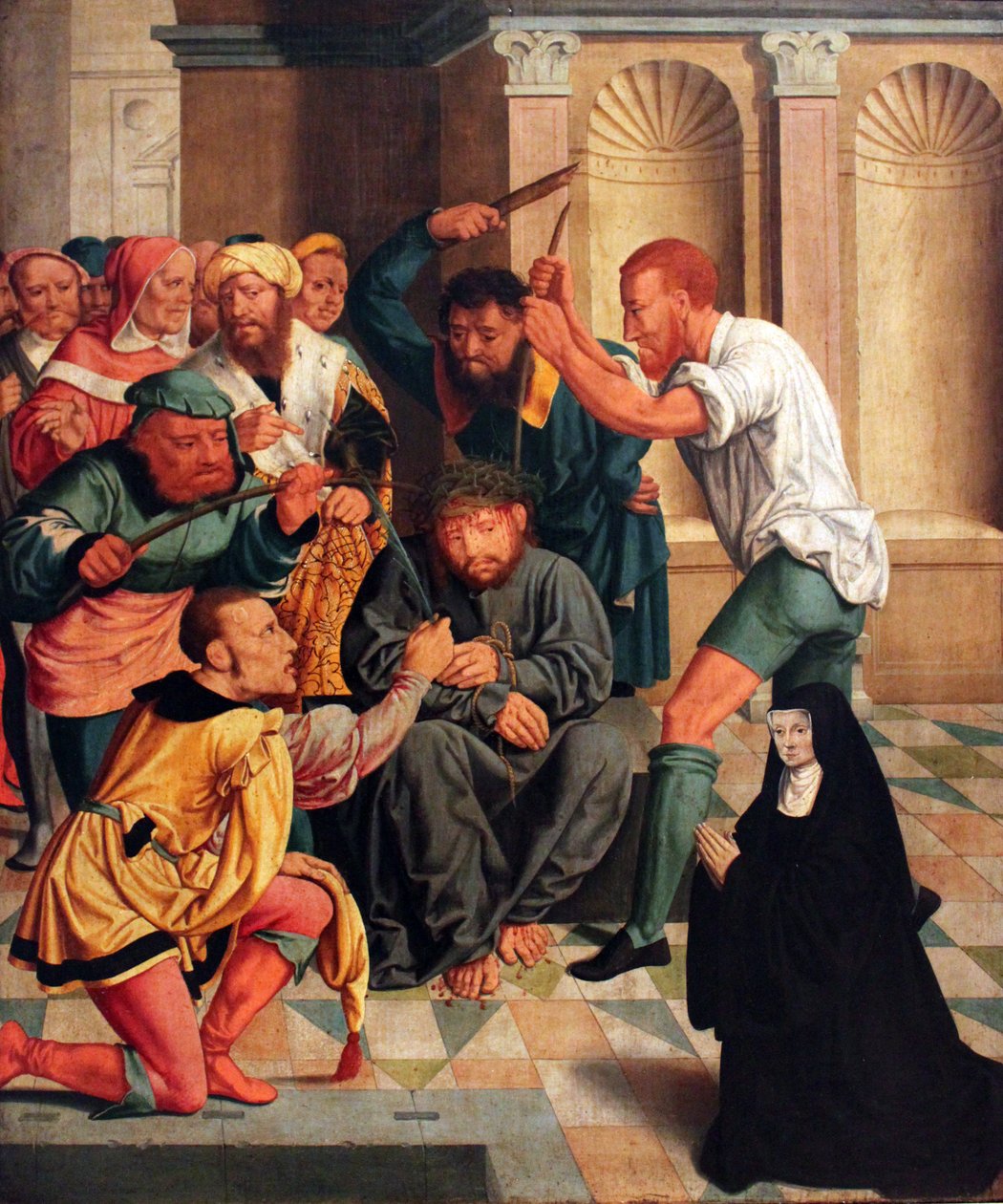 Duits: Dornenkrönung Christi mit kniender Benediktinerin als Stifterin Christus met doornen gekroond met knielende Benedictijnse non als schenker door Bartholomaeus Bruyn the Elder