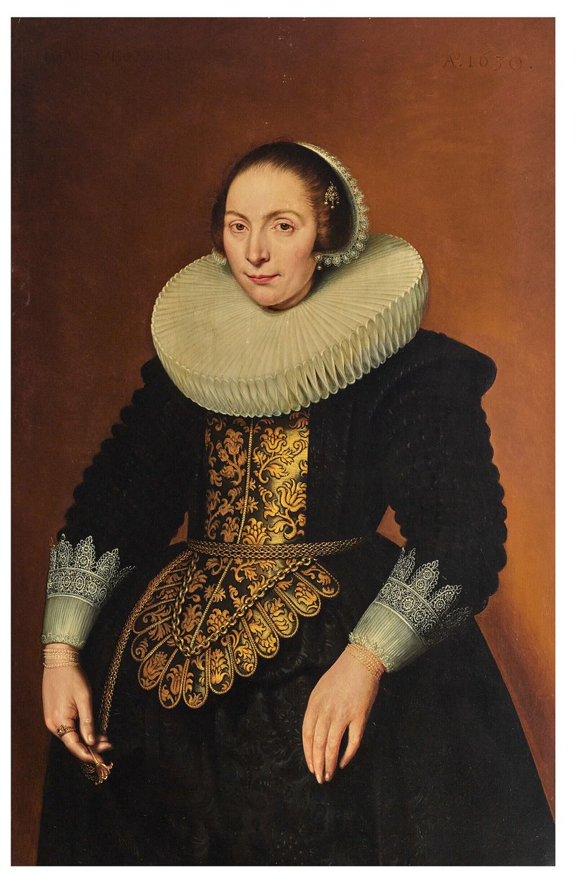 Portret van een dame, driekwart, met haar gordel in de hand door Bartholomeaus Sarburgh