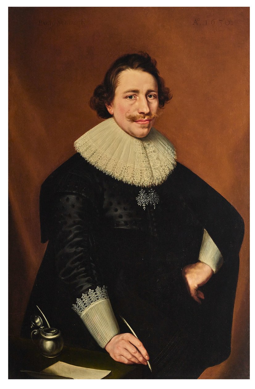 Portret van een heer, driekwart lang, met een ganzenveer; door Bartholomeaus Sarburgh