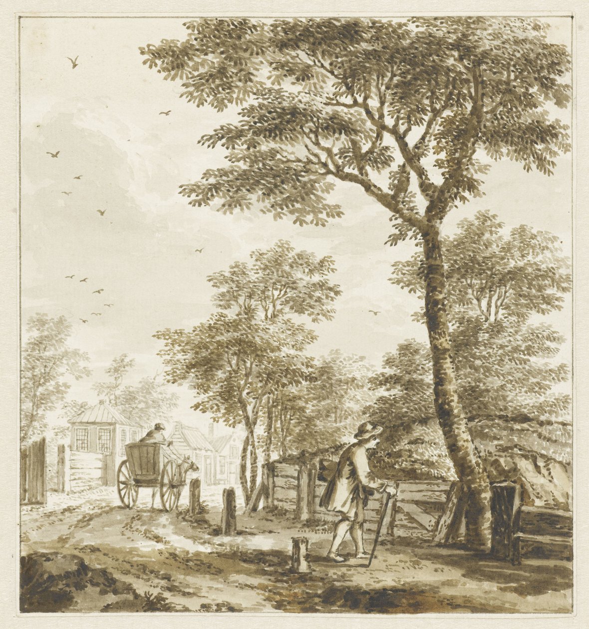 Landschap met figuren en een paard en wagen door Bartholomeus Barbiers