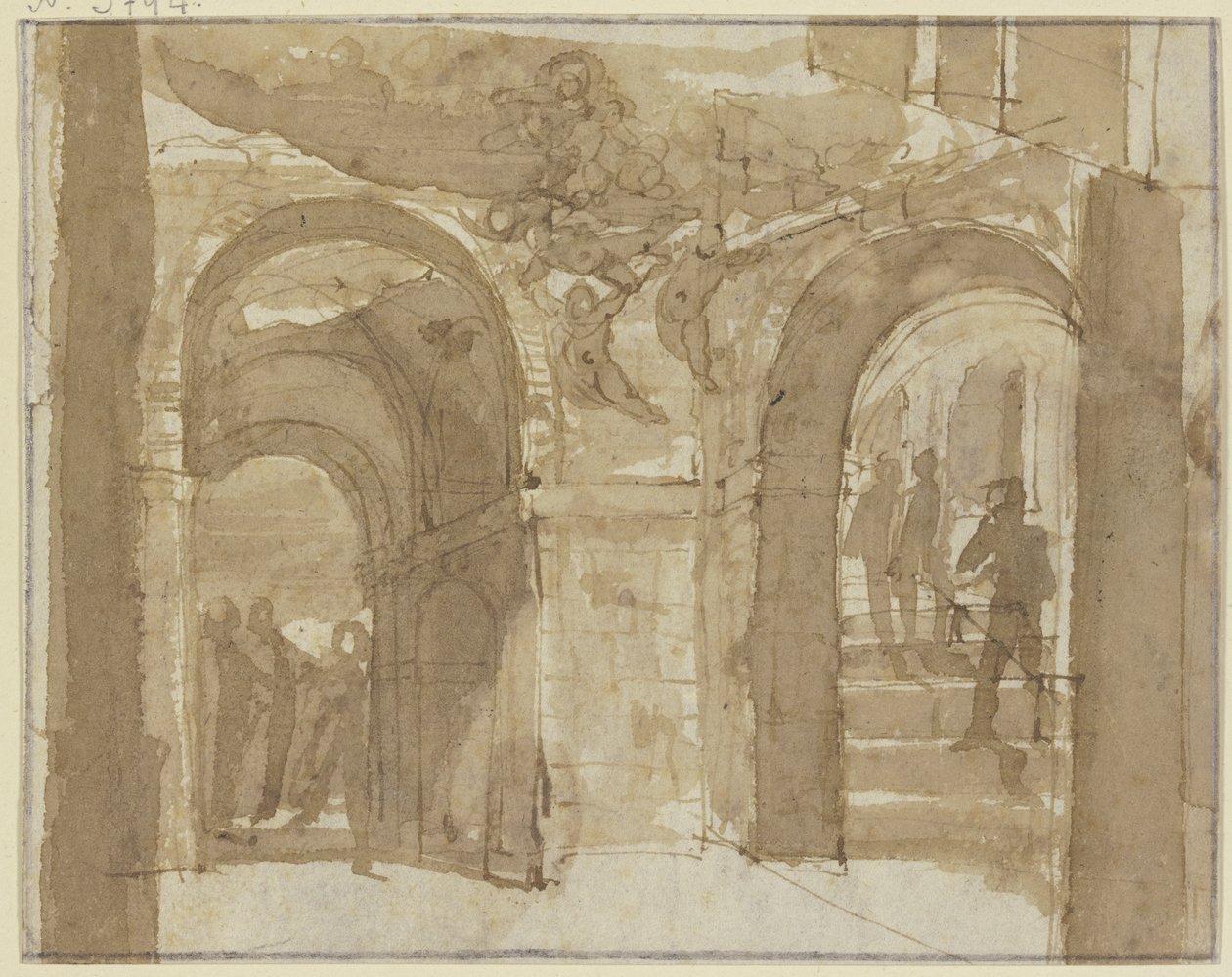 Een antieke gewelfde ruimte met een trap en verschillende figuren; bovenaan zweeft Maria met engelen door Bartholomeus Breenbergh
