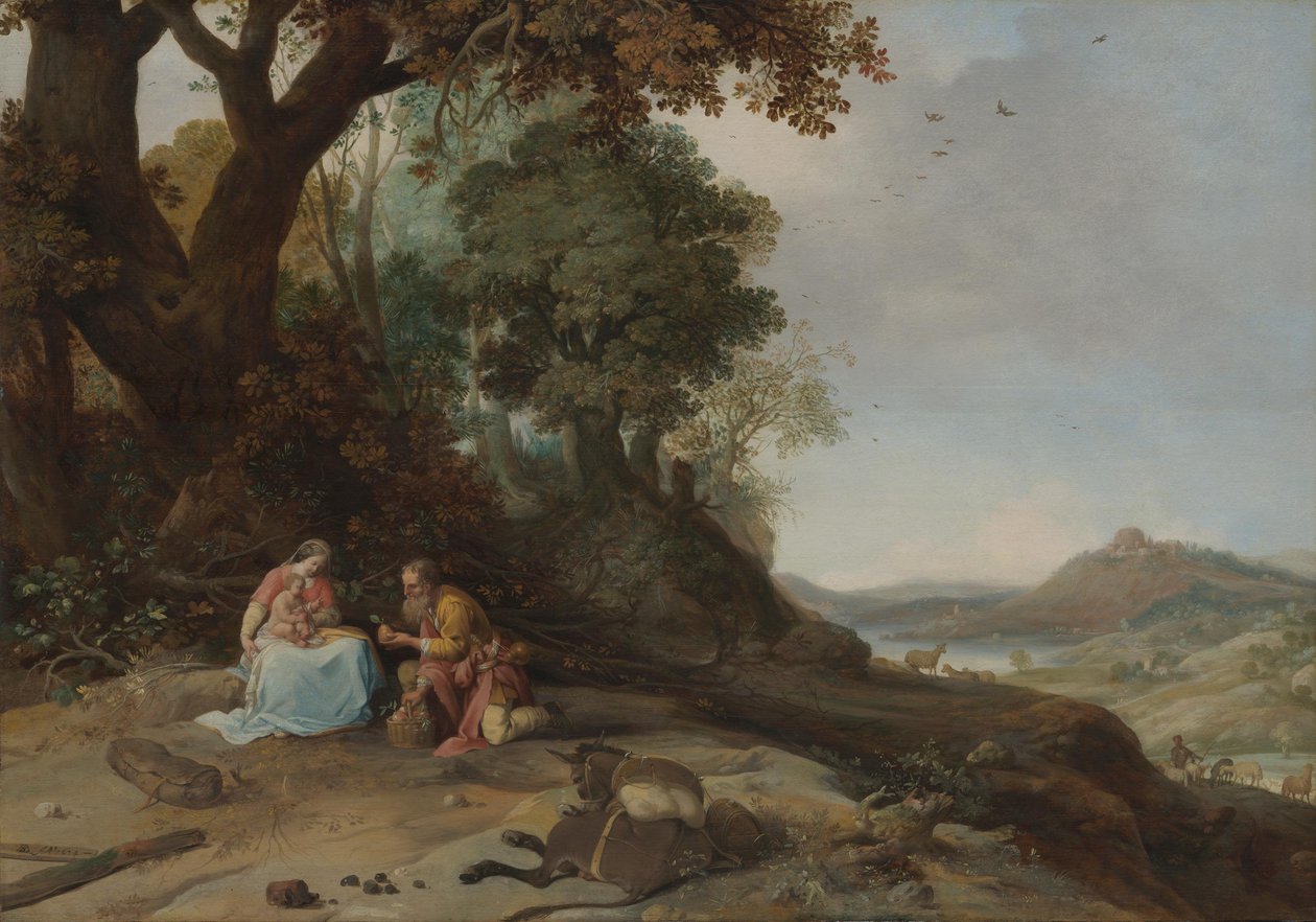 Landschap met rust tijdens de vlucht door Bartholomeus Breenbergh