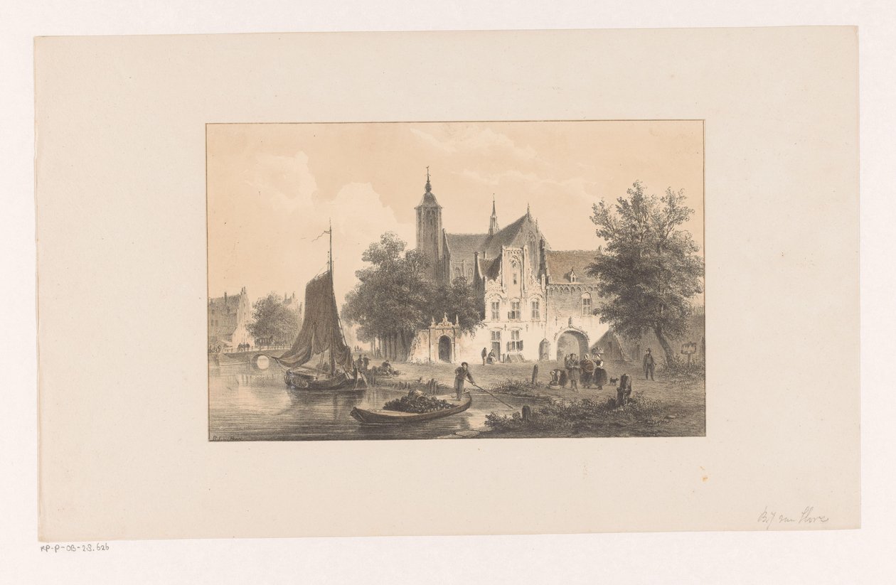 Stadsgezicht met rivier en kerk door Bartholomeus Johannes van Hove