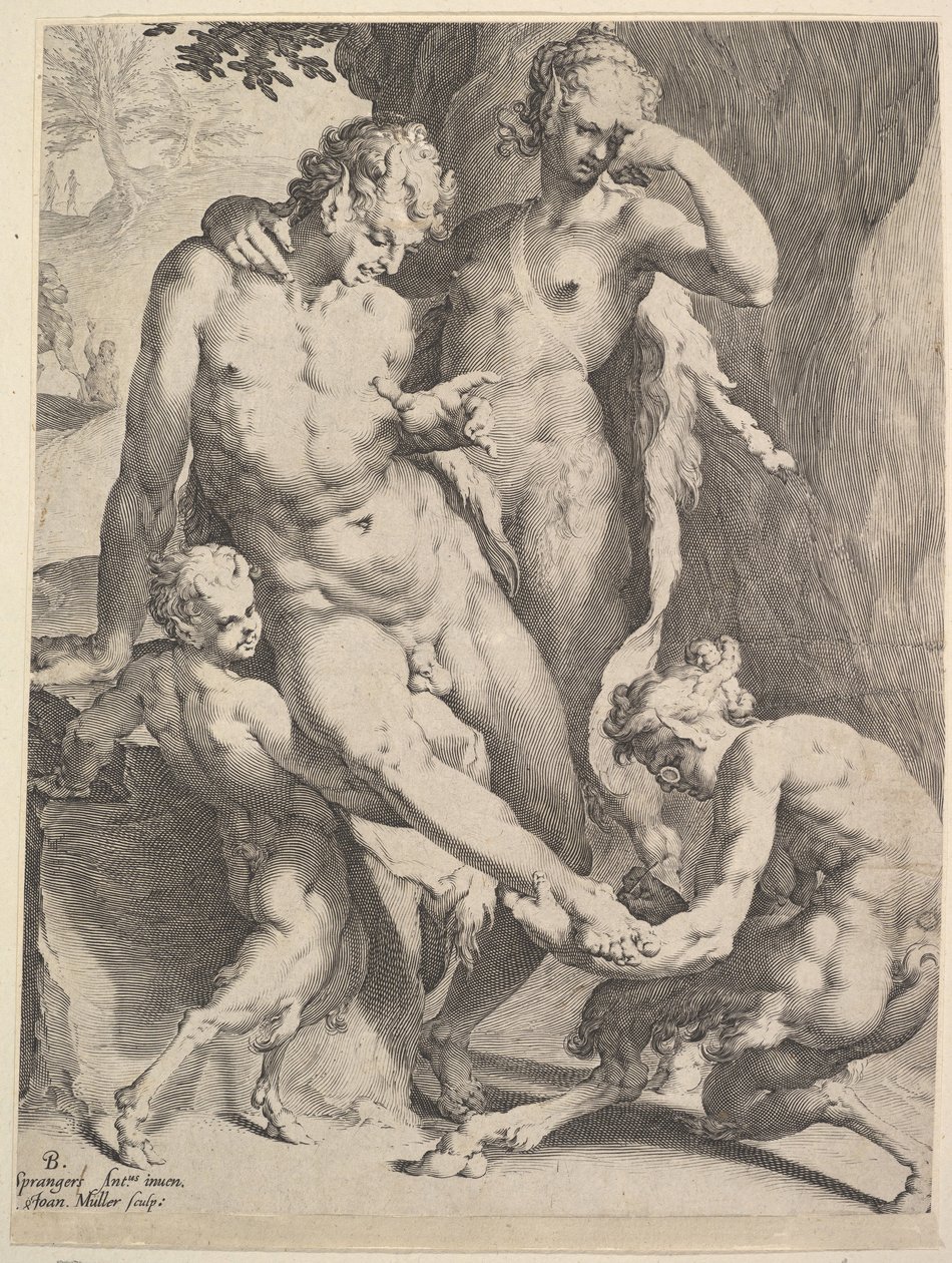 Oreaden Verwijderen een Doorn uit de Voet van een Sater door Bartholomeus Spranger
