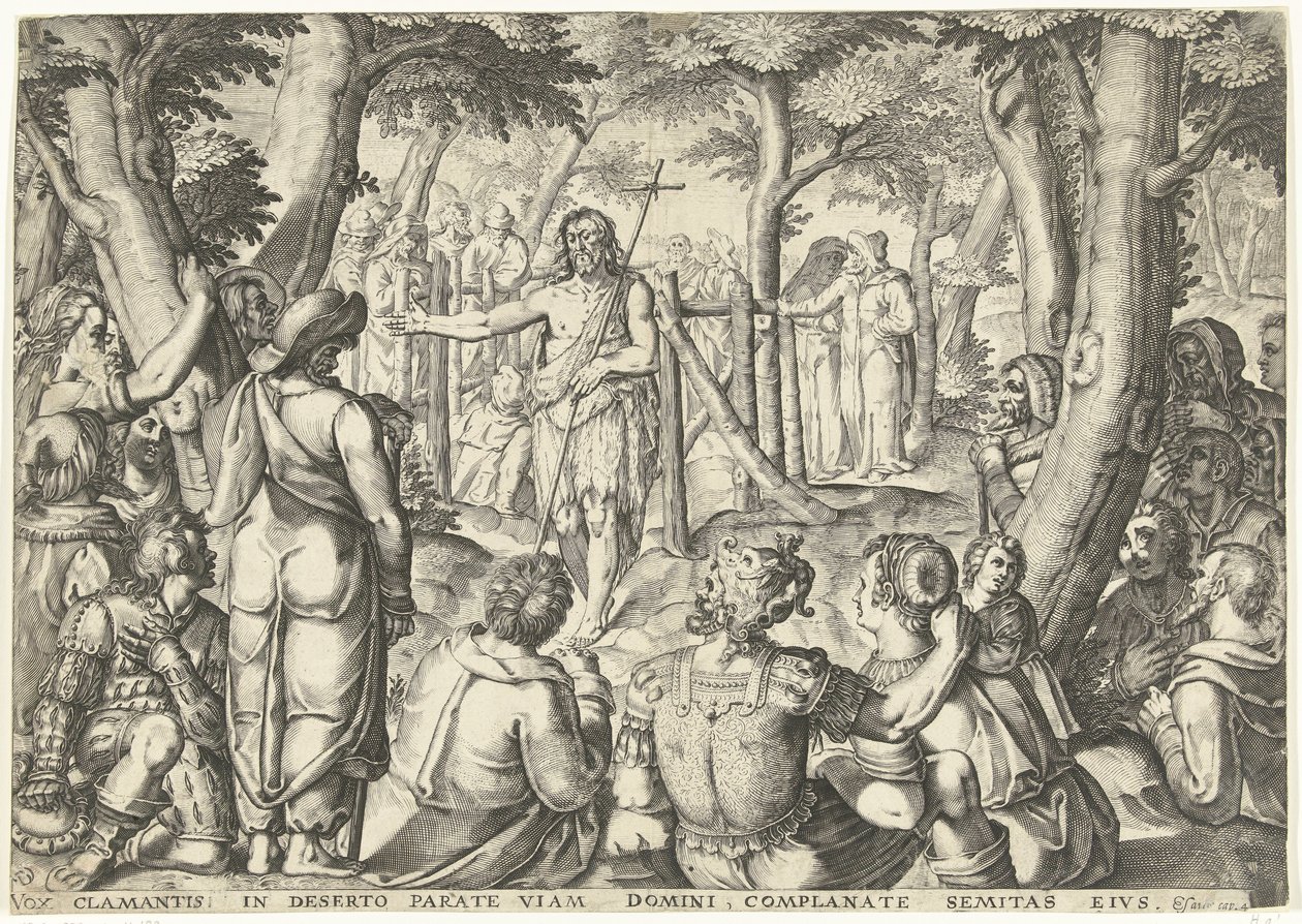 Johannes de Doper predikt voor een groep mensen door Bartholomeus Willemsz. Dolendo