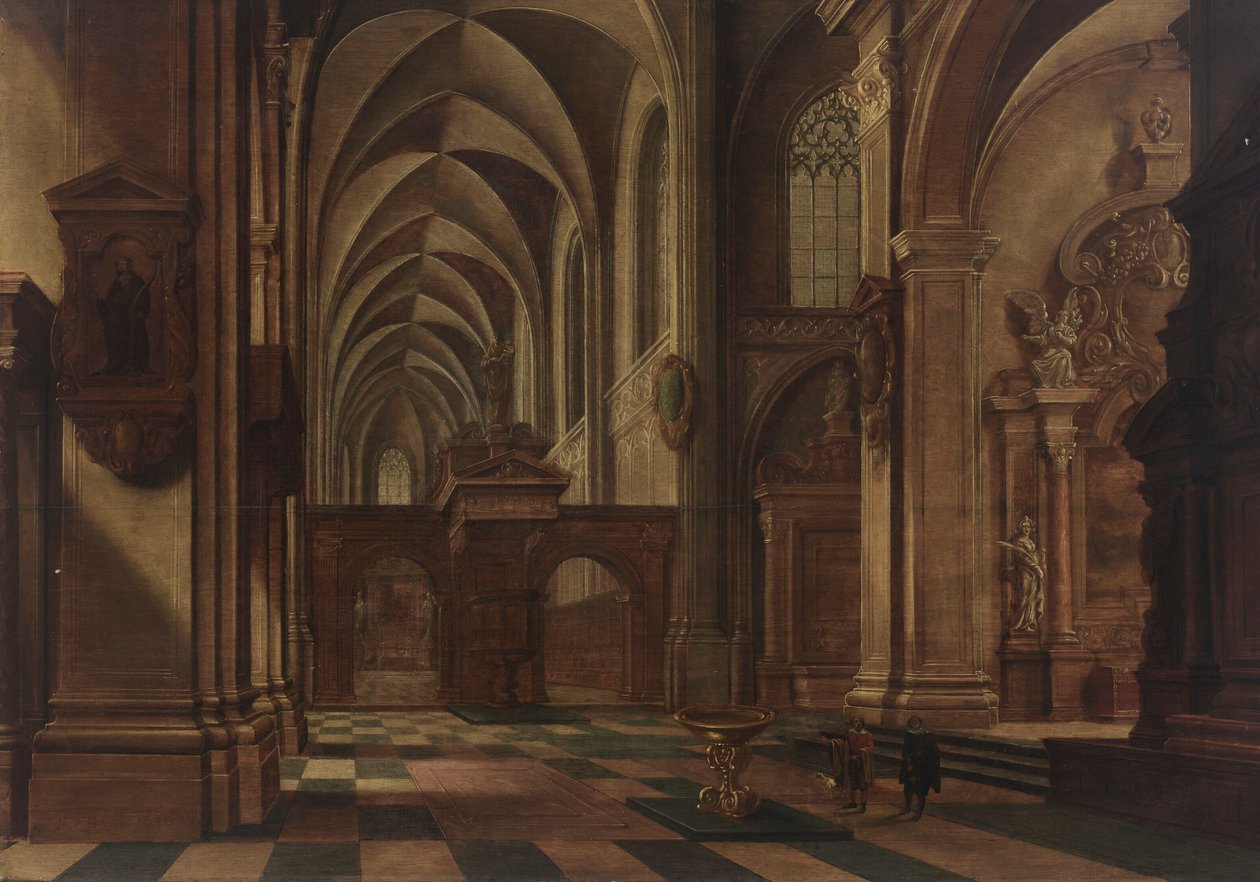 Een katholiek kerkinterieur, met figuren en een hond bij een doopvont op de voorgrond door Bartholomeus van Bassen