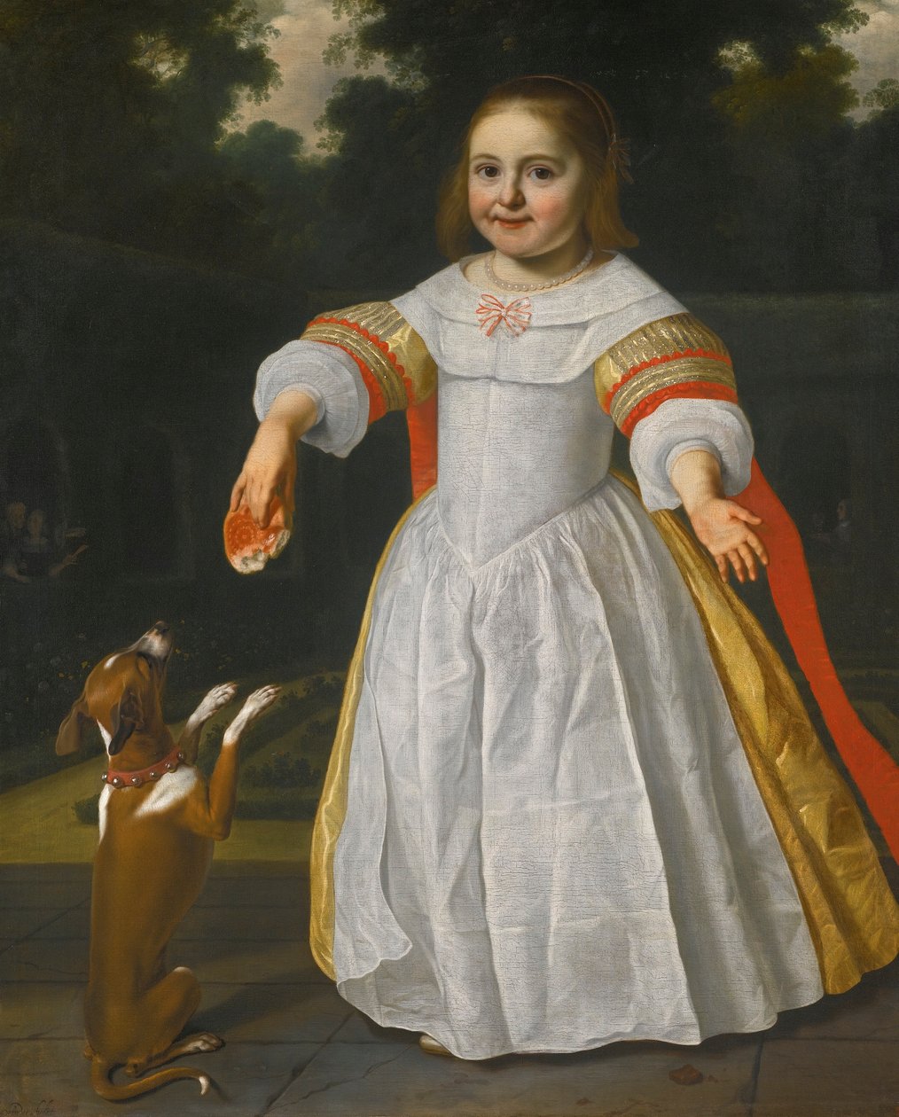 Portret van een meisje met een broodje-bun en een hond door Bartholomeus van der Helst