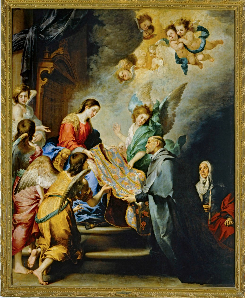 De nederdaling van Maria als beloning voor het schrijven van de heilige Ildefonso van Toledo ... (schilderij op doek) door Bartolomé Esteban Murillo