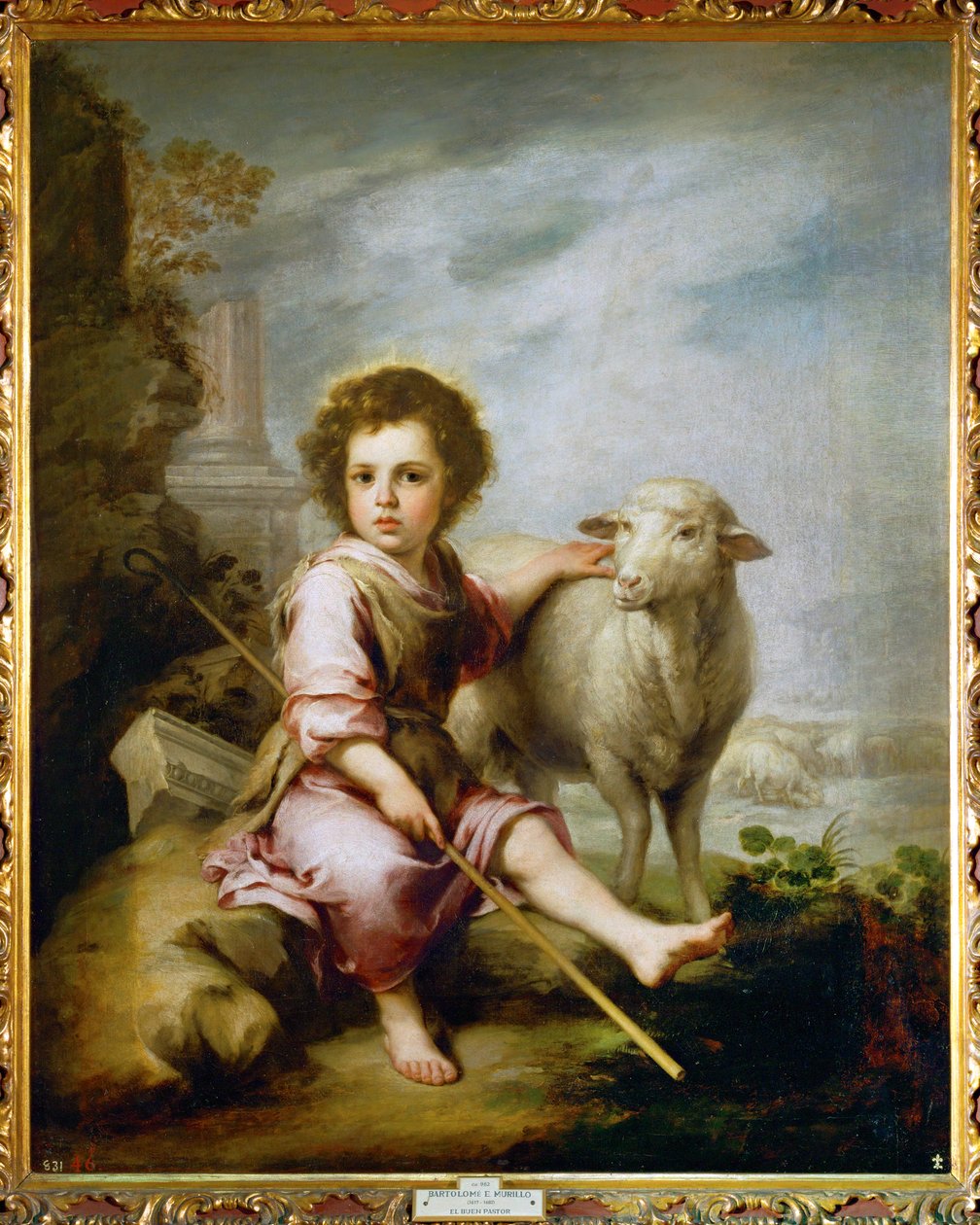 De goede herder (schilderij op doek) door Bartolome Esteban Murillo