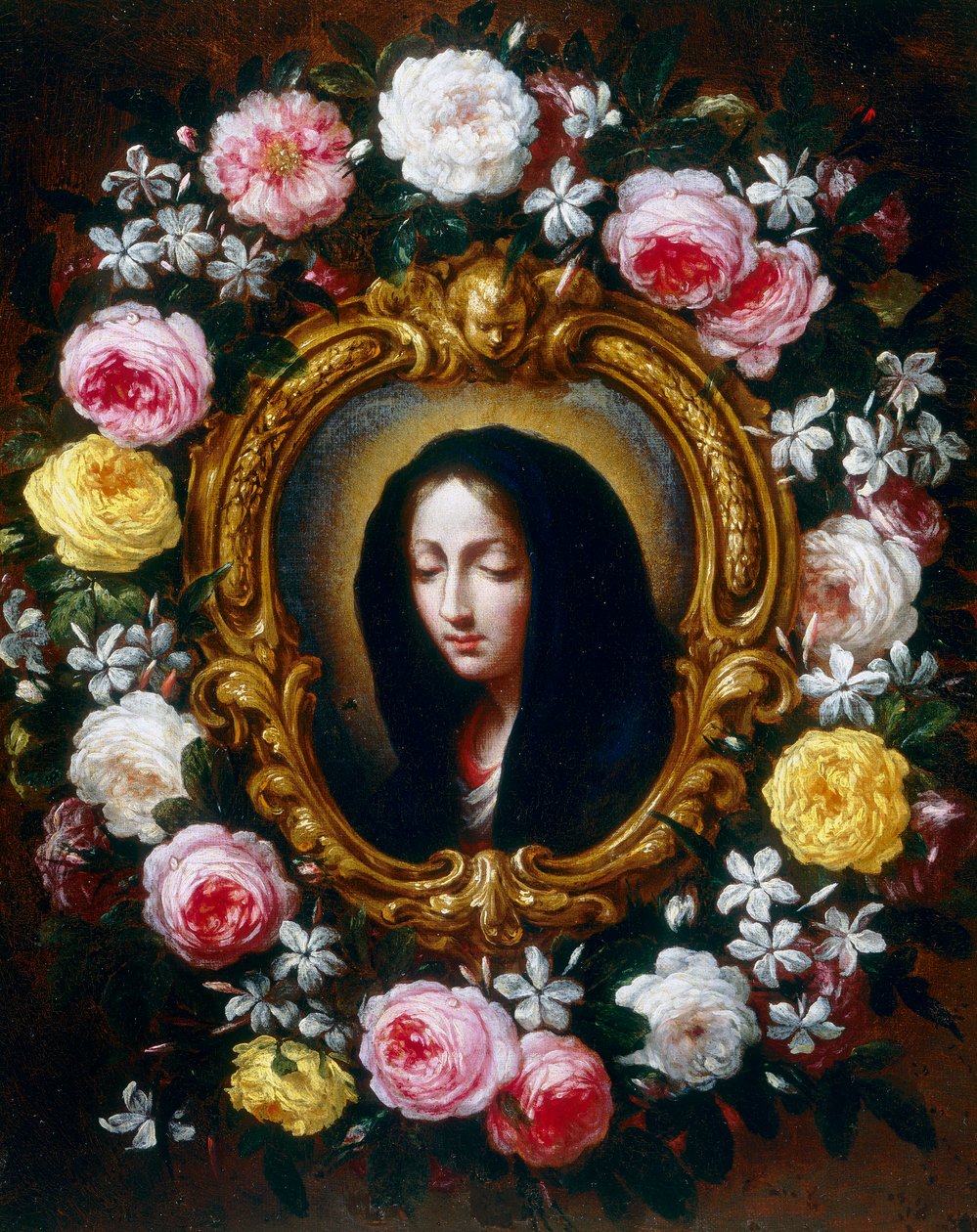 Madonna in een krans van rozen en jasmijn door Bartolomeo Bimbi