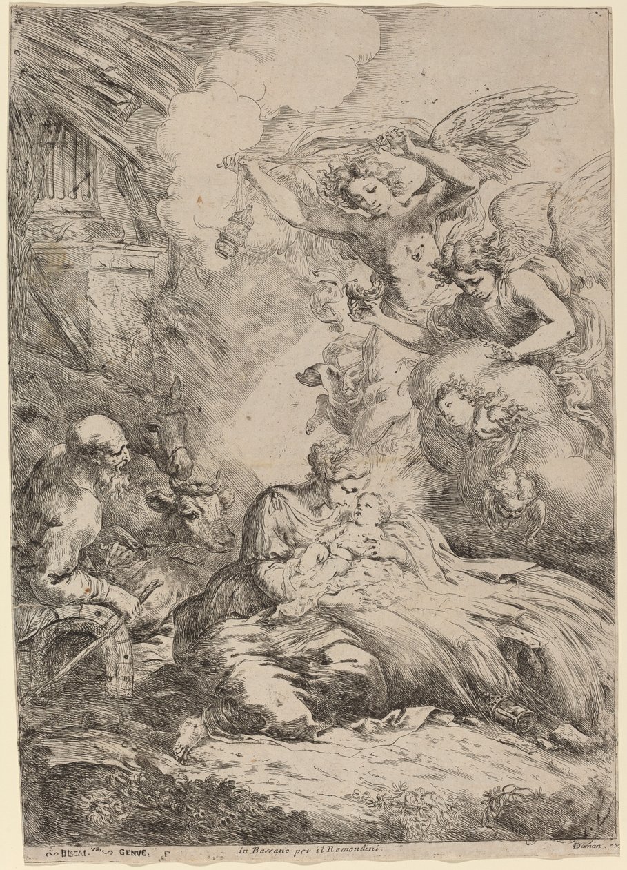 De Heilige Familie aanbeden door engelen De Grote Geboorte door Bartolomeo Biscaino