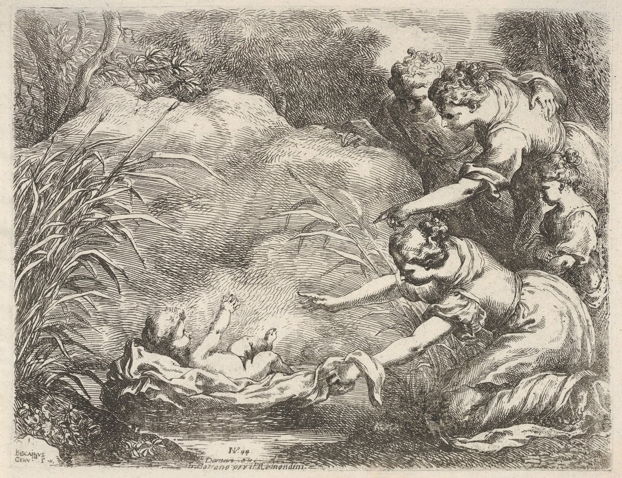 De vondst van Mozes die uit de Nijl wordt gered door de dienstmeisjes van de dochter van de farao door Bartolomeo Biscaino
