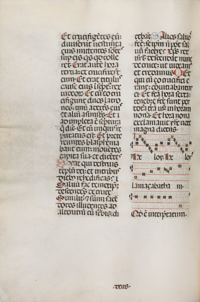 Missale: Fol. 128v: bevat muziek voor Hely Hely Lama etc. binnen St. Mattion Passion, 1469 door Bartolomeo Caporali