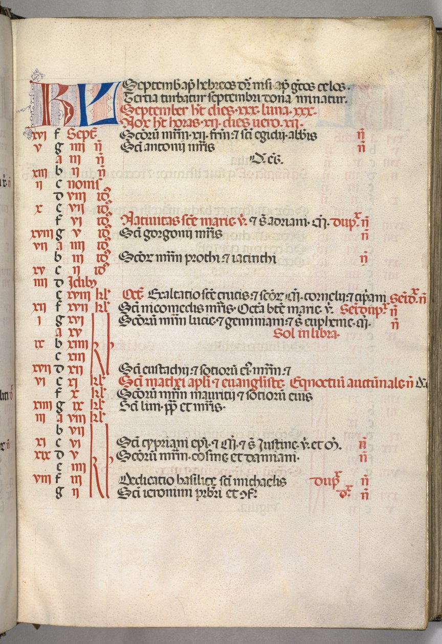 Missaal: Fol. 7r: September kalenderpagina door Bartolomeo Caporali