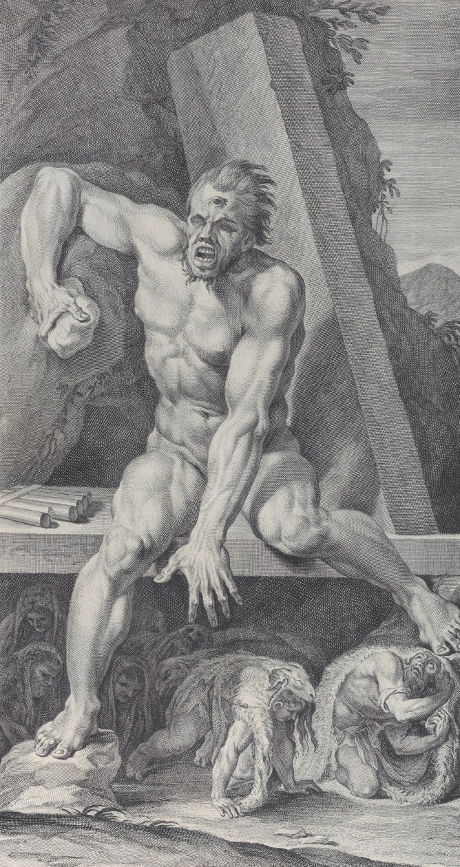 Blinde Polyphemus, bewaker van de ingang van zijn grot, met Ulysses en zijn... door Bartolomeo Crivellari