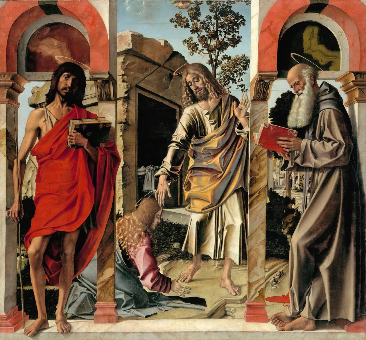 Verrezen Christus met Maria Magdalena en de heiligen Johannes de Doper en Hiëronymus, ca. 1492 door Bartolomeo Montagna
