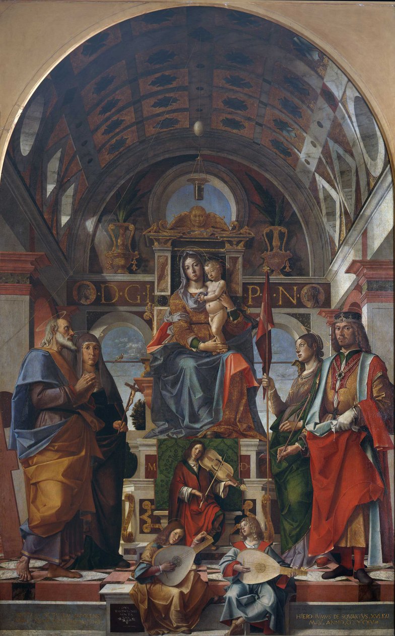 De Maagd en het Kind op de troon met heiligen en engelen die muziek maken, 1499 door Bartolomeo Montagna