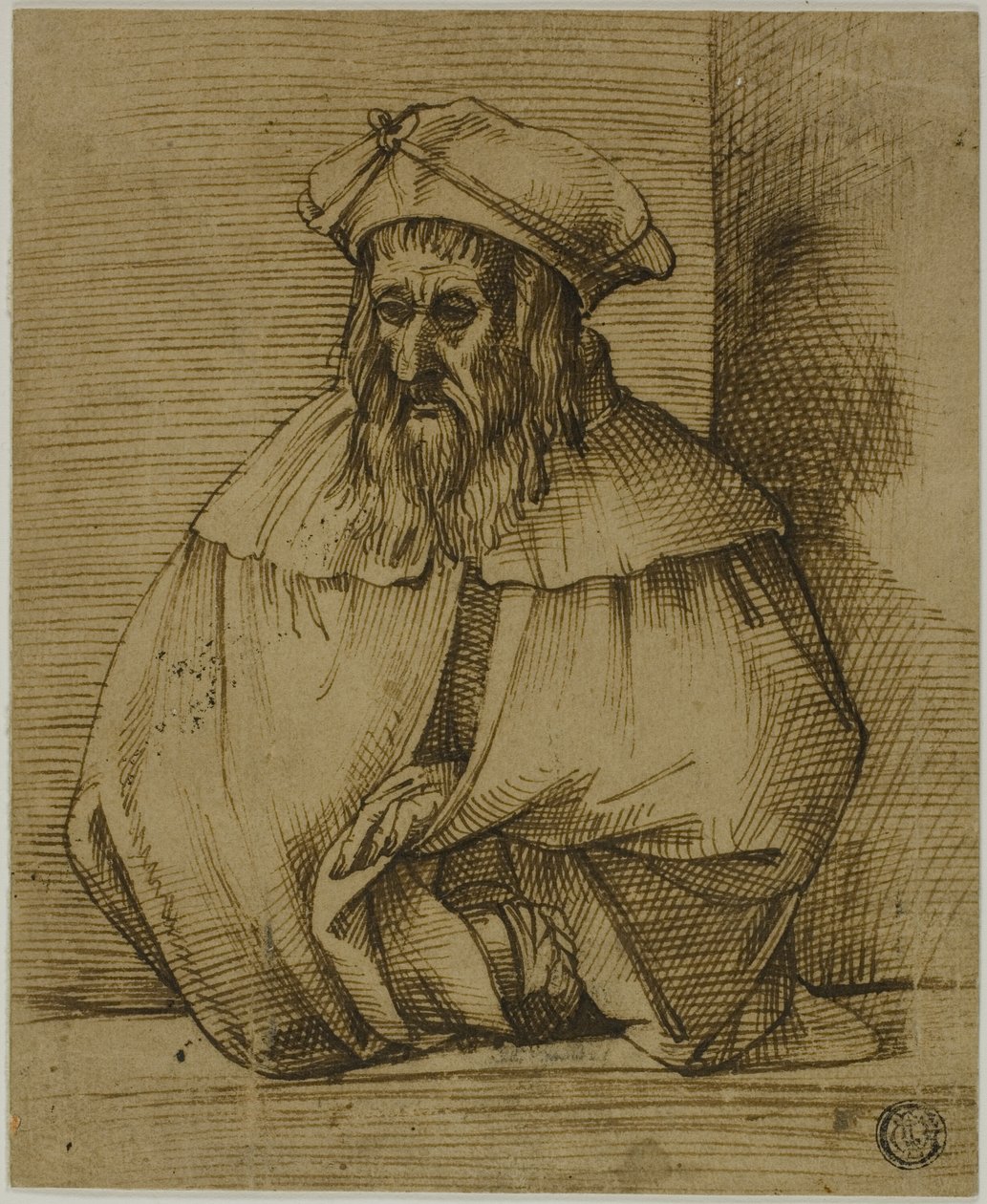 Halve schets van een heer met hoed en cape door Bartolomeo Passarotti