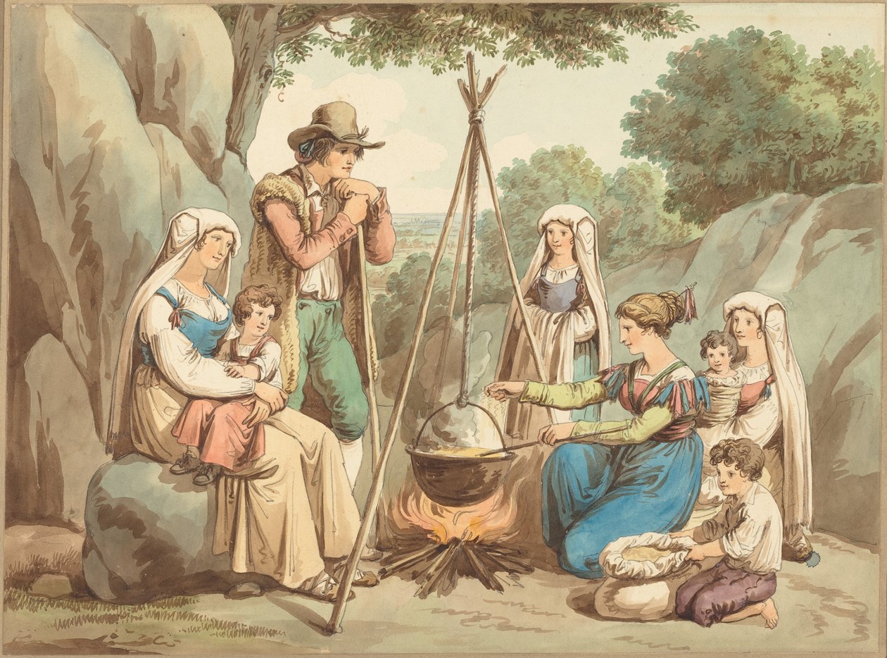 Een boerengezin dat boven een kampvuur kookt door Bartolomeo Pinelli