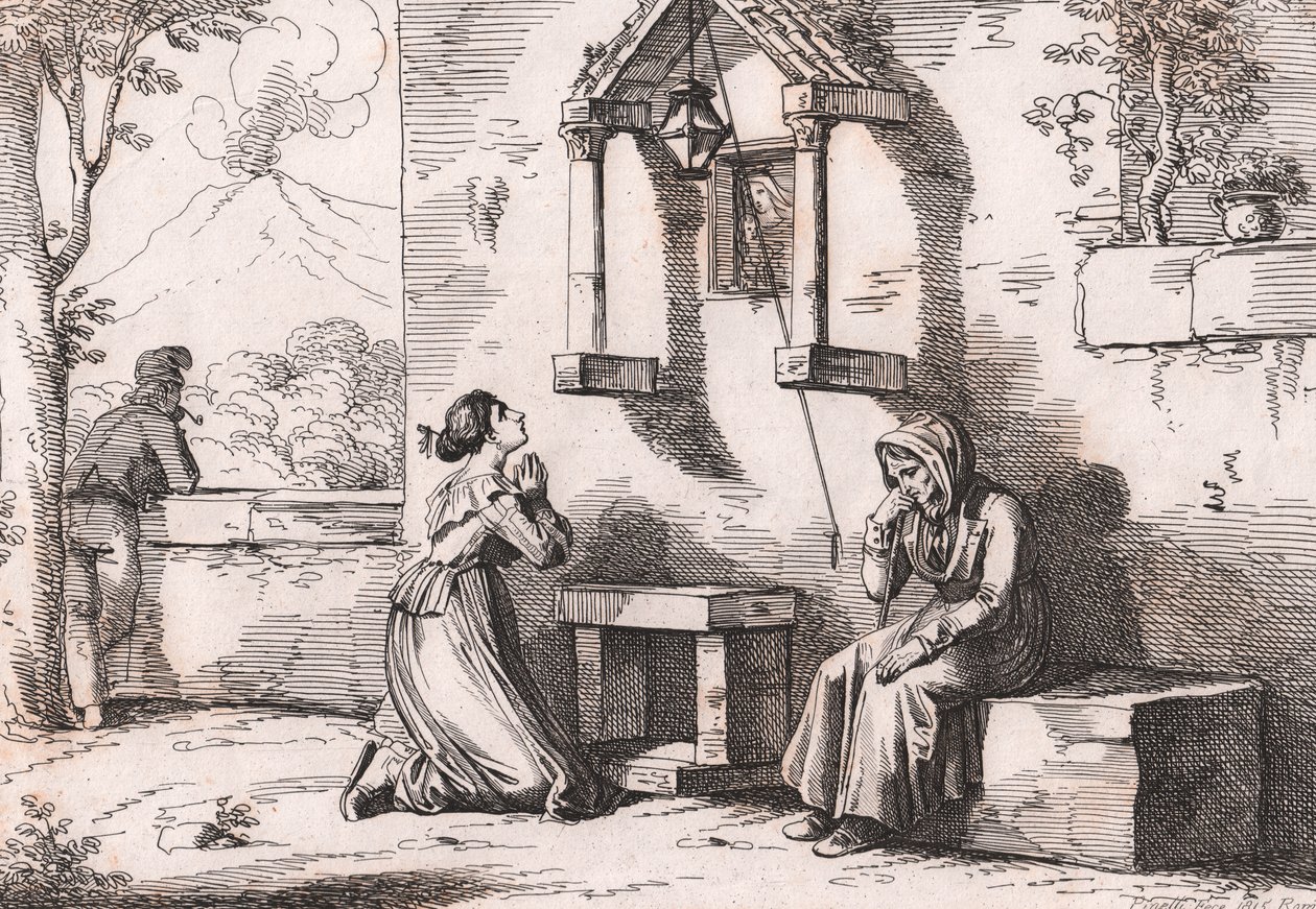 Een dochter die bidt tot de Madonna voor haar zieke moeder, ets door Bartolomeo Pinelli
