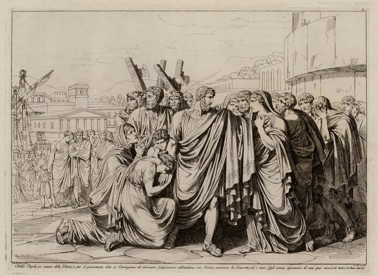 Atilius Regulus maakt zich klaar om Rome te verlaten en terug te keren naar gevangenschap in Carthago (ets) door Bartolomeo Pinelli